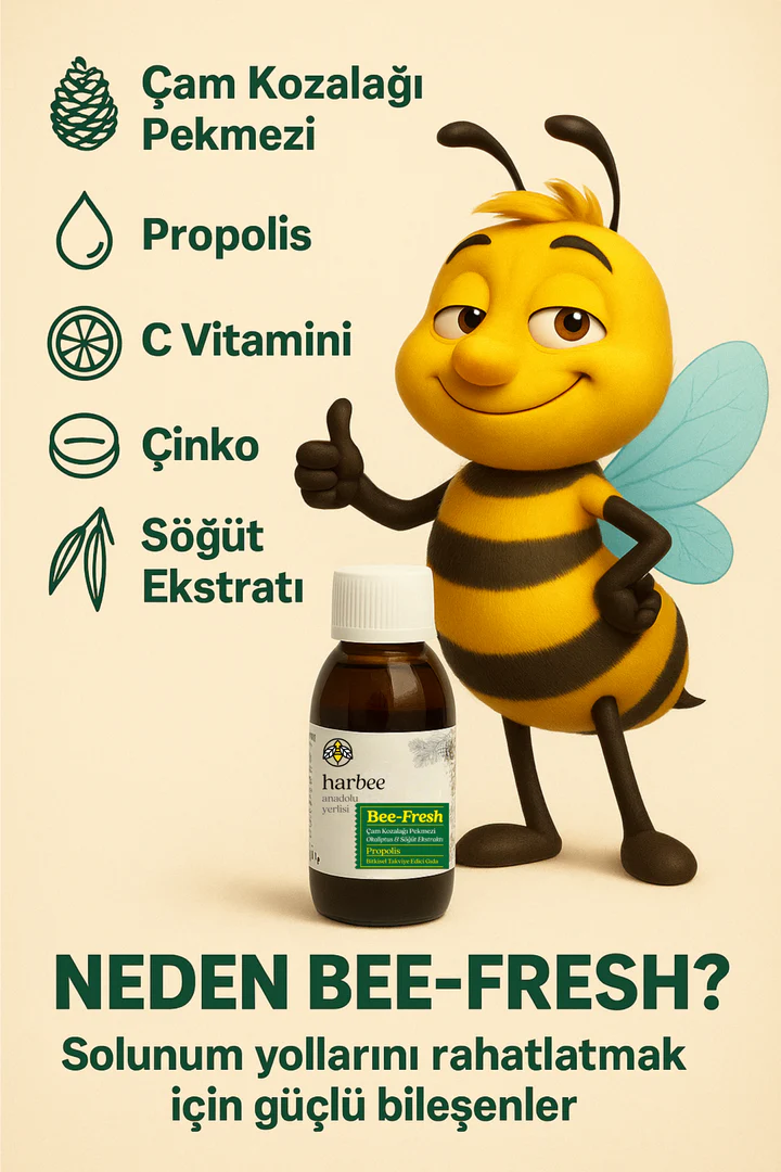 Çam Kozalağı Propolis Şurup 150 ml – C Vitamini, Çinko, Karamürver & Söğüt Ekstratı | Harbee Bee Fresh